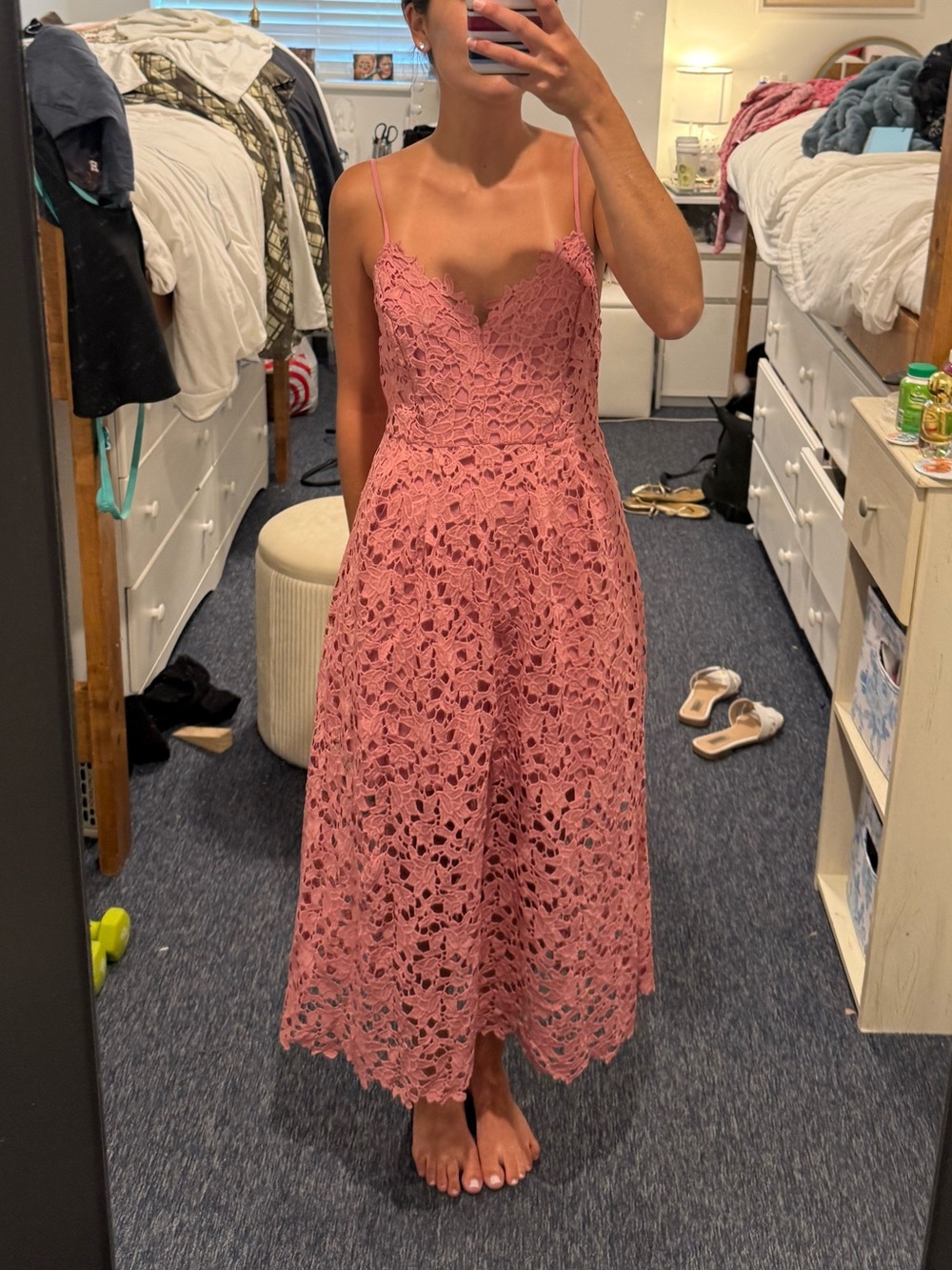Astr Dusty Rose Lace Midi Dress with Spaghetti Straps